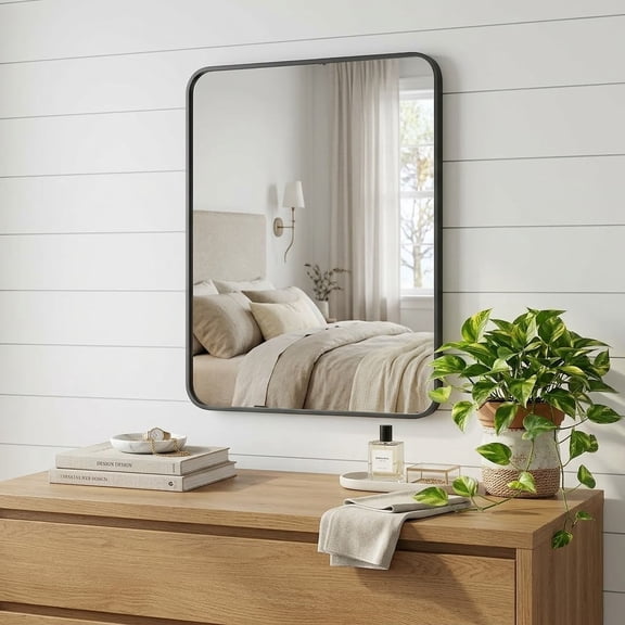 30" x 36" Matte Black Bathroom Vanity Mirror, Rounded Rectangle Iron Framed Wall Mirror for Over Sink, Horizontal or Vertical, 1-Pack