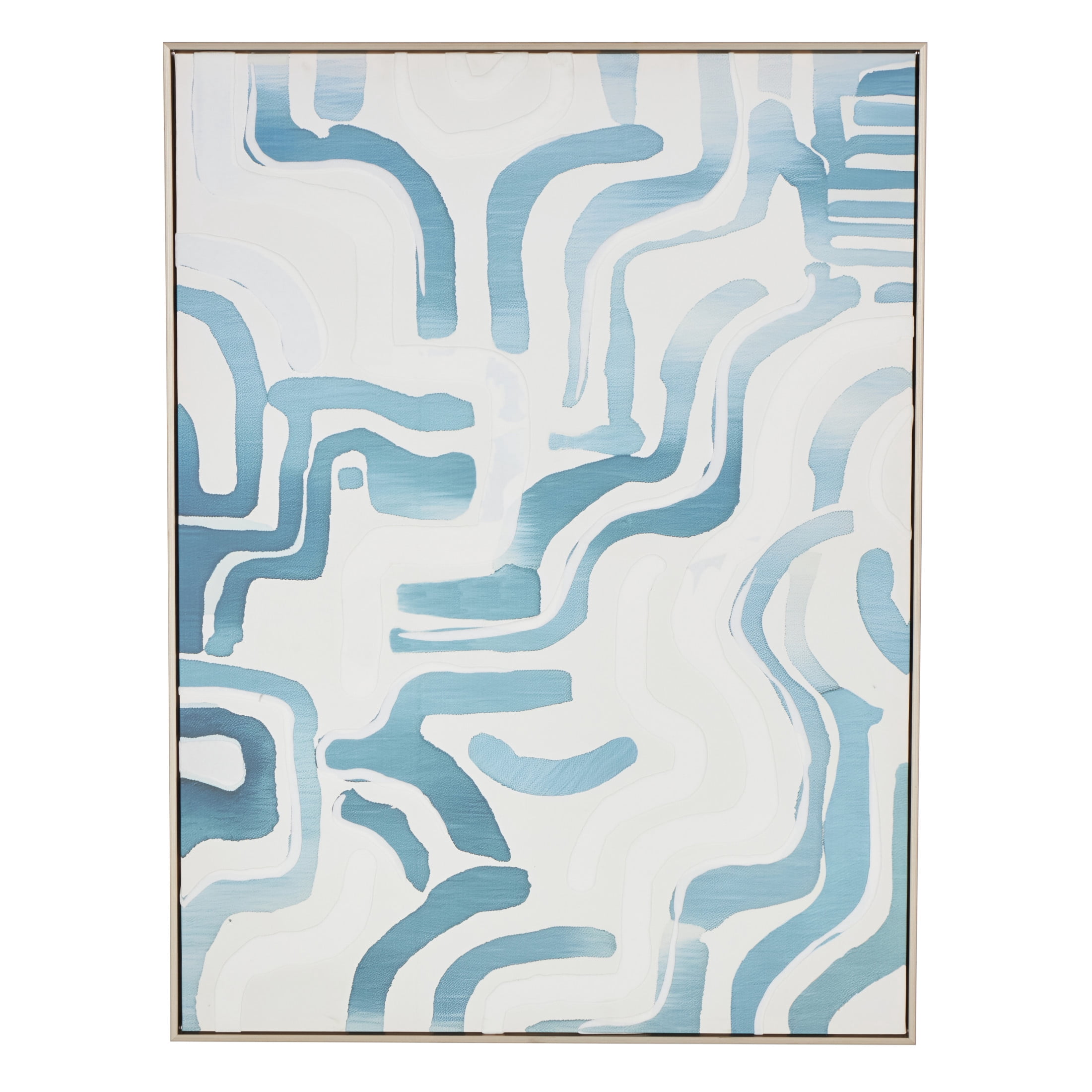 30" x 40" Abstract Framed Wall Art with Blue Wavy Lines and Brass Frame, by DecMode