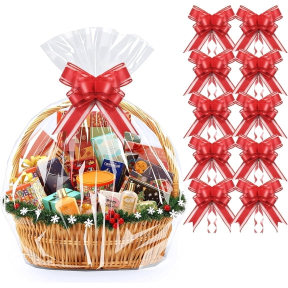 30"x 40" Clear Cellophane Bags with Red Ribbon Bows, 10 Large Cellophane Wrap for Baskets, Gifts Bags for Birthday, Valentine's Day, Mother's Day, Wedding Present