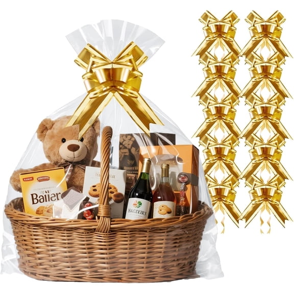 30"x 40" Clear Cellophane Gift Bags with Red Ribbon Bows, 10 Pack Extra Large Cellophane Wrap for Gift Baskets, Plastic Gifts Bags for Birthday, Valentine's Day, Mother's Day, Wedding