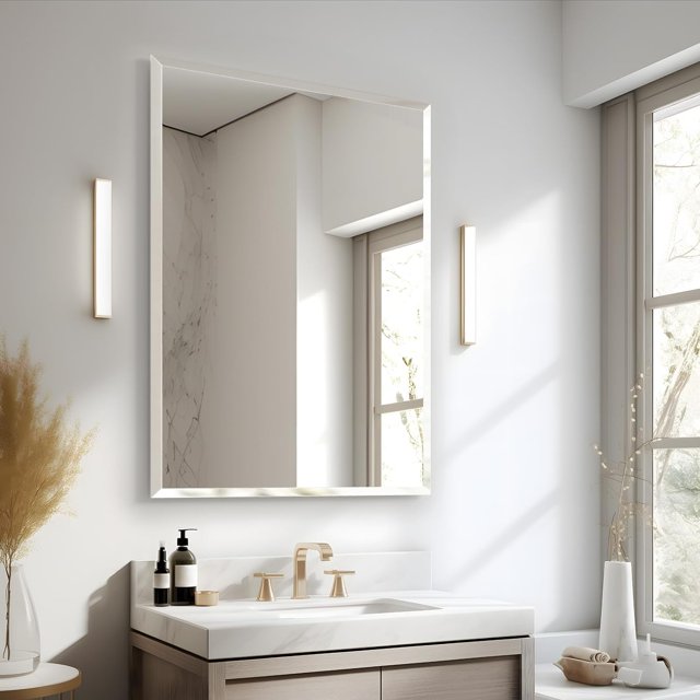 30" x 40" Frameless Bathroom Mirrors with Silver Backing, Beveled Wall