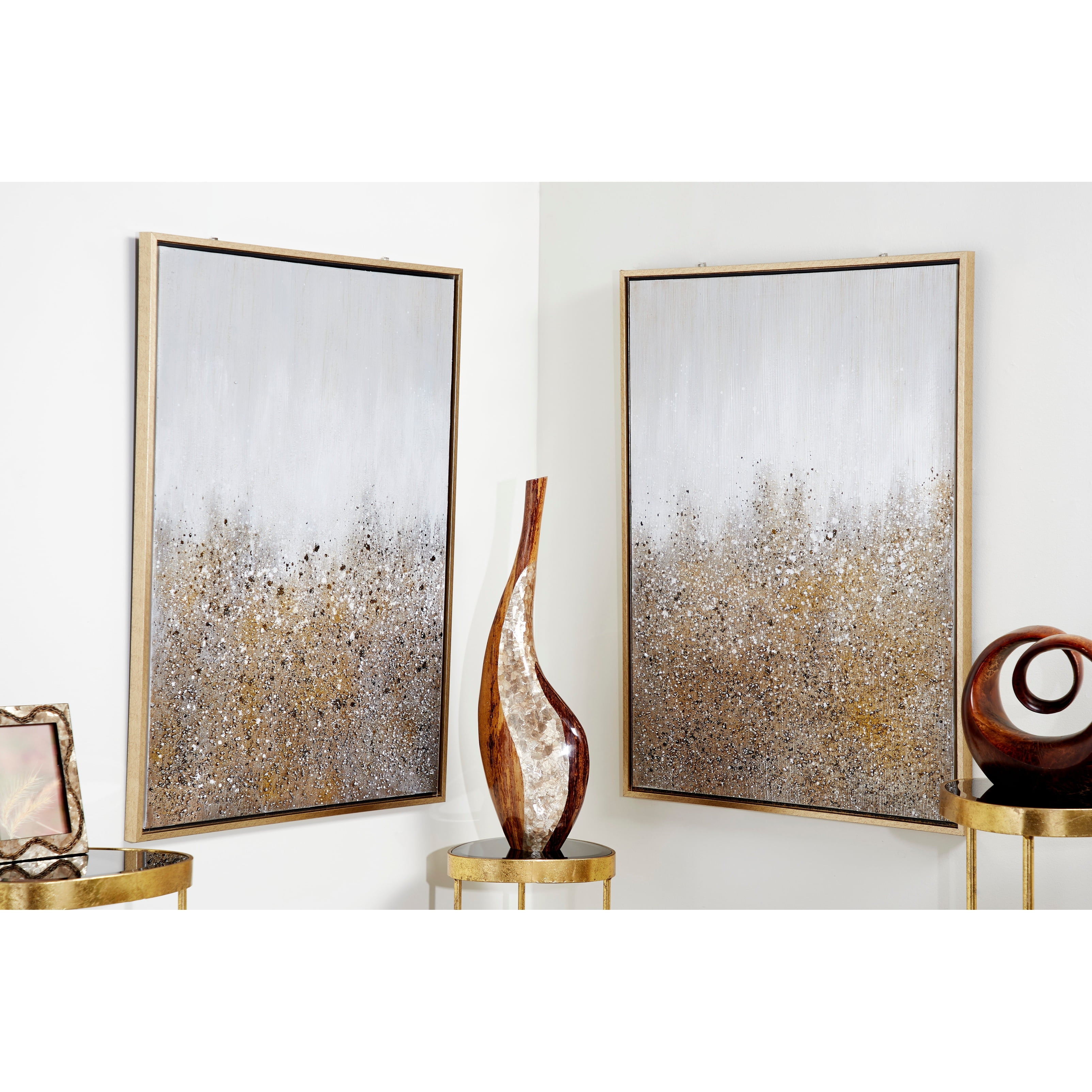 Gold and White Glitter Acrylic Abstract Framed Wall Art Set