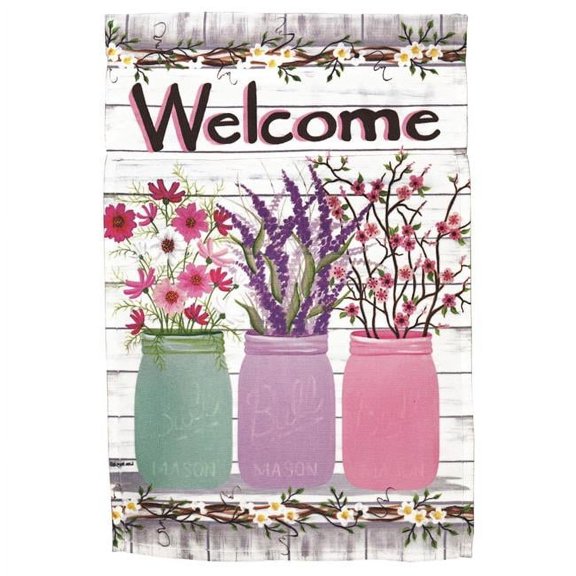 30 x 44 in. Print Welcome Jars of Flowers Polyester Garden Flag - Large