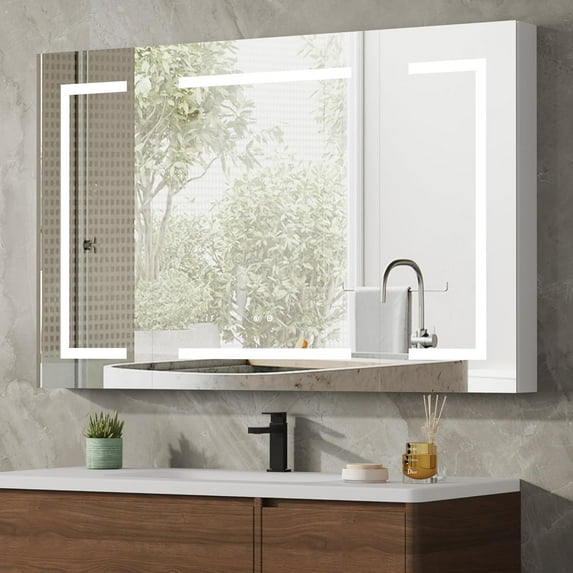 30" x 48" Medicine Cabinet with LED Mirror for Bathroom, Linor Aluminum Wall Mounted LED Medicine Cabinet with Defog, Stepless Dimming, 3 Color Change, 2 Outlets, 2USB (Triple Door)