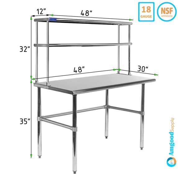 30" x 48" Stainless Steel Open Base Table With 12" Wide Double Tier Overshelf | Metal Kitchen Prep Table & Shelving Combo