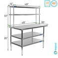 thumbnail image 1 of 30" x 48" Stainless Steel Work Table With 2 Shelves | 12" Wide Double Tier Overshelf | Metal Kitchen Prep Table & Shelving Combo, 1 of 6
