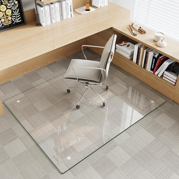 30" x 48" Tempered Glass Office Chair Mat, Heavy Duty Scratch Resistant Glass Floor Protector with Non-Slip Pads, Rounded Corners & Polished Edges, Suitable for Carpet and Hard Floors