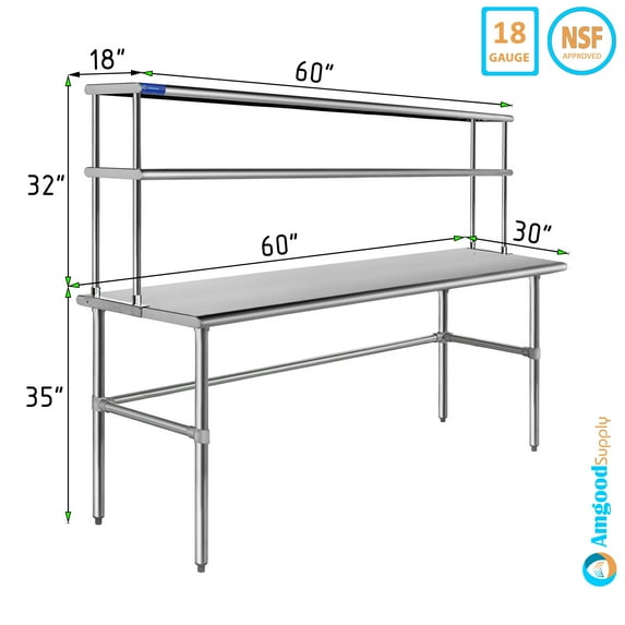 30" x 60" Stainless Steel Open Base Table With 18" Wide Double Tier Overshelf | Metal Kitchen Prep Table & Shelving Combo