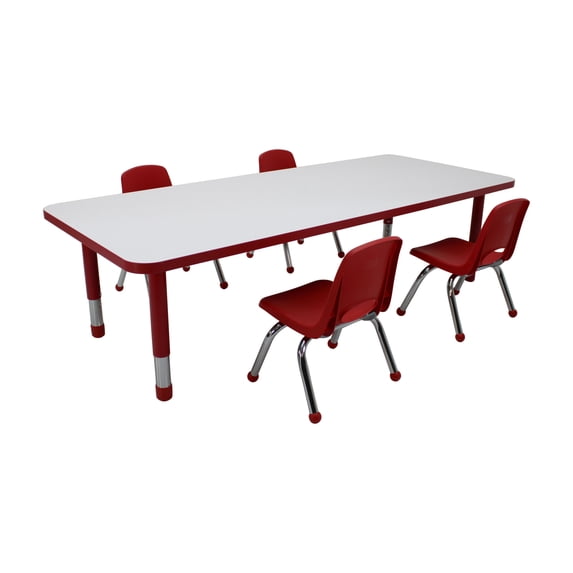 30" x 72" Rectangle Dry-Erase Activity Table with Chunky Legs and 10" Stack Chairs with Ball Glides, 5-Piece Set - White/Red