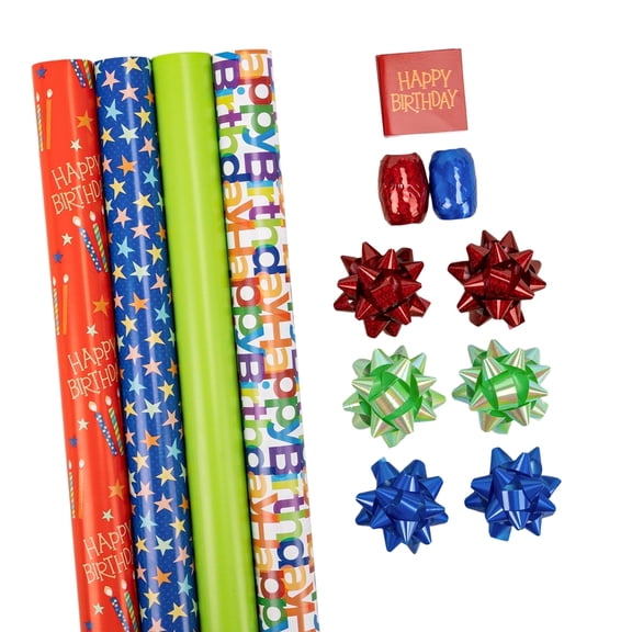 LaRibbons 30" x 8' Birthday Wrapping Paper Kit, Gift Wrap and Bows, Curling Ribbon Eggs, Birthday Wishes