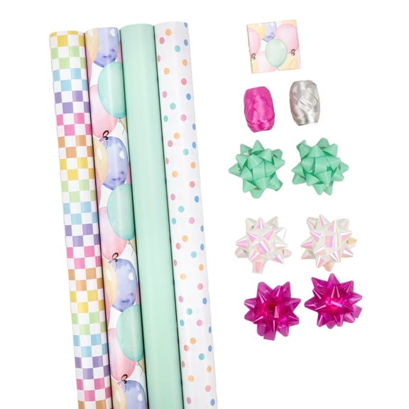 LaRibbons 30" x 8' Birthday Wrapping Paper Kit, Gift Wrap Rolls and Bows, Curling Ribbon Eggs, Gift Tags, Pastel Party