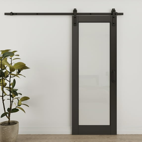 30'' x 80'' 1-Lite Black Frosted Glass And Manufactured Wood Sliding Barn Door With Installation Hardware Kit(No Assembly Required)