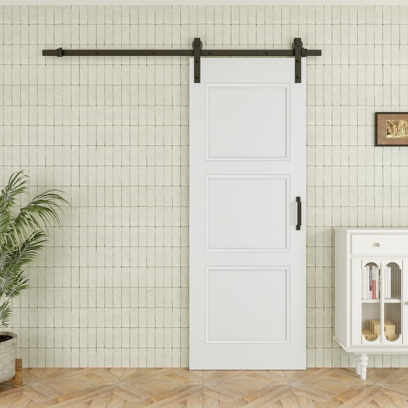 30" x 80" 3-Lite Waterproof White Primed Solid Core Composite MDF Wood Sliding Barn Door With Hardware Kit