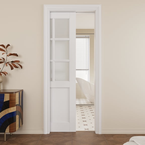 30" x 80" 6-Lite Frosted Glass Pocket Door with Soft Close, Solid Door Panel & Pocket Door Hardware & Frame, Bathroom Door, Bedroom Door, Pre-finished & Paintable, White