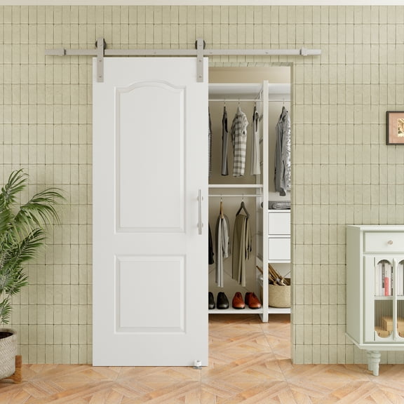 30" x 80" Arch Top 2-Lite Waterproof White Primed Solid Core Composite MDF Wood Sliding Barn Door With Hardware Kit