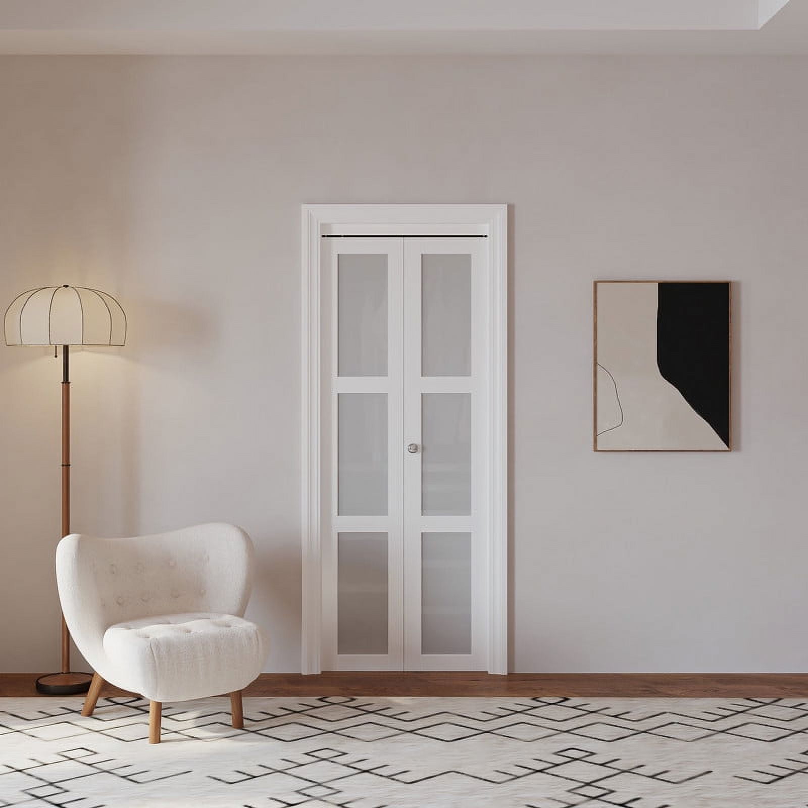 30" x 80" BiFold Doors 3Panel Tempered Frosted Glass Folding Door, Solid MDF Closet Door