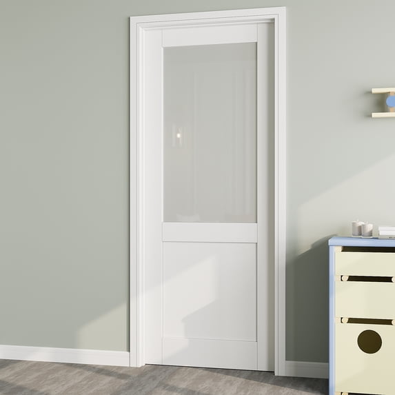 30" x 80" Half Panel Frosted Glass Interior Door Slab, Solid Core Door Panel as Barn Door, Pocket Door, French Door, Prehung Door - as Panty Door, Closet Door, Pre-finished & Paintable, White