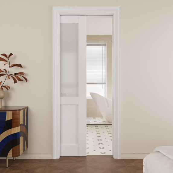 30" x 80" Half Panel Frosted Glass Pocket Door with Soft Close, Solid Door Panel & Pocket Door Hardware & Frame, Bathroom Door, Bedroom Door, Pre-finished & Paintable, White
