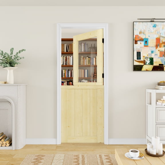 30" x 80" Slab Only, 1-Lite Split Dutch Door Unfinished Solid Pine Wood Clear Glass Slab Doors Half Interior Door