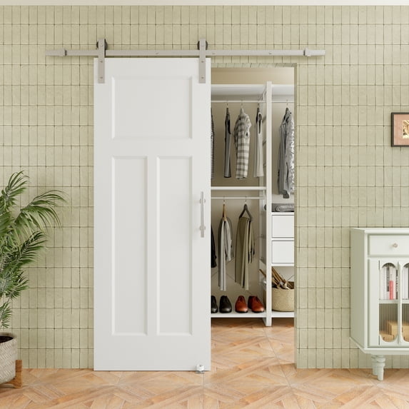 30" x 80" T Shape Waterproof White Primed Solid Core Composite MDF Wood Sliding Barn Door With Hardware Kit
