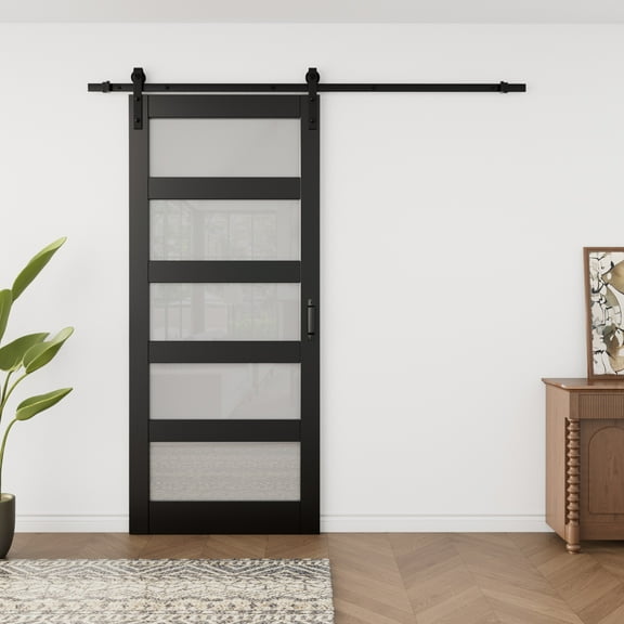 30'' x 84'' Sliding Glass Barn Doors and Hardware Included, Black Wood Texture Panels & Tempered Frosted Glass & Barn Door Hardware Kit, Easy Assembly with Pre-Drilled Holes, 5 Panel
