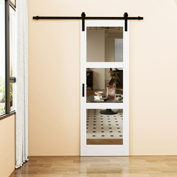 30'' x 84'' Sliding Mirror Barn Doors and Hardware Included, White Wood Texture Panels & Double Side Mirror & Barn Door Hardware Kit, Easy Assembly with Pre-Drilled Holes, White