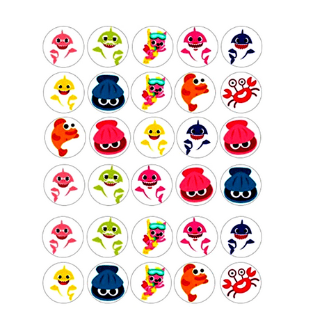 30 x Baby Shark Themed Edible Cupcake Toppers | Uncut on Wafer Sheet- Qty 30-1.5” each