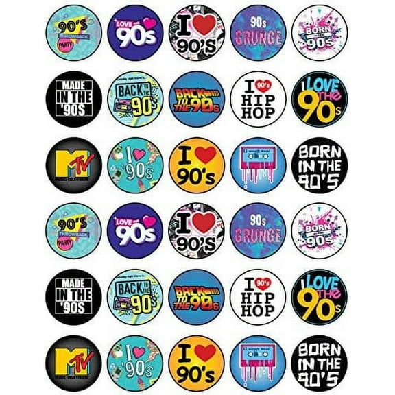 30 x Edible Cupcake Toppers Themed of 90s Party Collection of Edible Cake Decorations | Uncut Edible on Icing Sheet