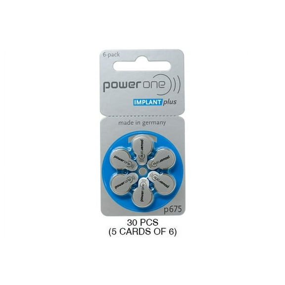30 x Size p675 PowerOne IMPLANT Plus Cochlear Hearing Aid Batteries Designed especially for cochlear implant sound processors and high power hearing aids.