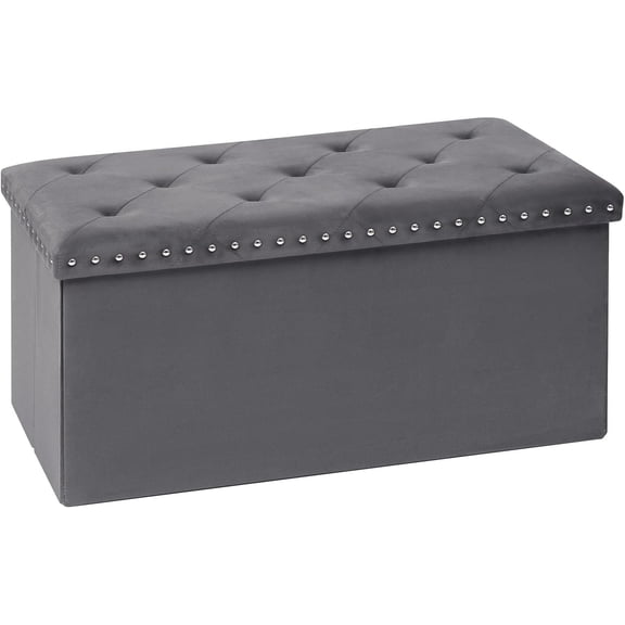 30"x15" Folding Velvet Storage Ottoman Bench with Rivet Design, Large Shoe Chest & Foot Rest, Grey
