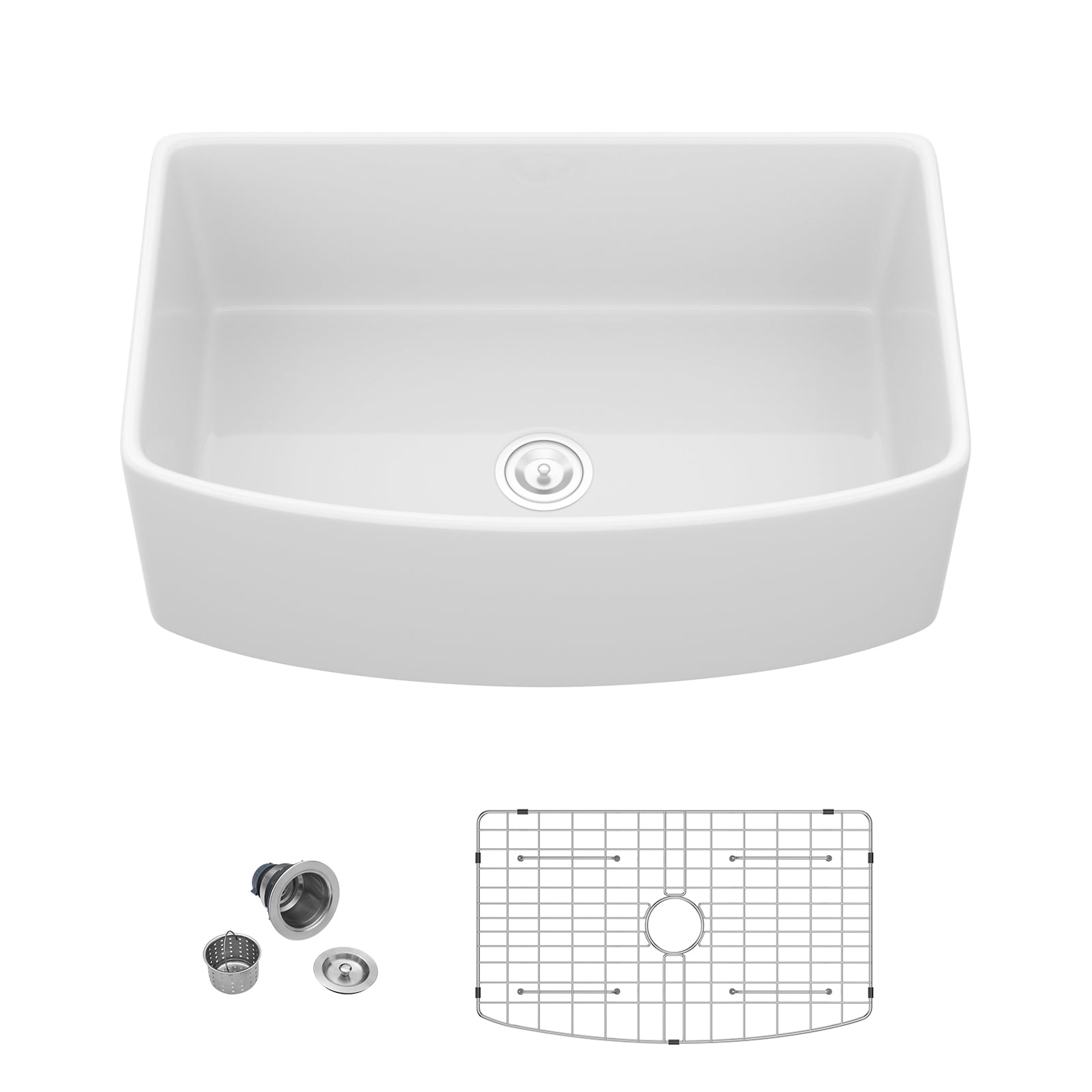 30"x19" Arc-shaped Fireclay/Creamic Single Bowl Farmhouse Apron Kitchen Sink with Bottom Grid and Drain Strainer