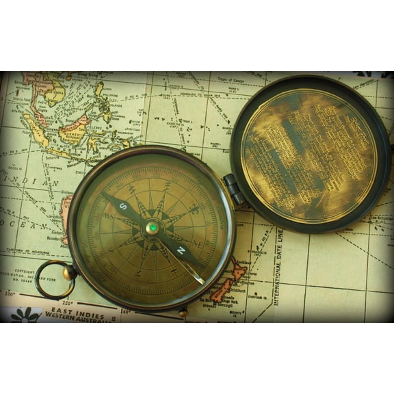 30"x19" Heavyweight Photo Paper Quality Poster: Compass Study Vintage compass on a vintage map.My husband got me this lovely, palm-sized vintage compass at a ship salvage shop and antique dealer in