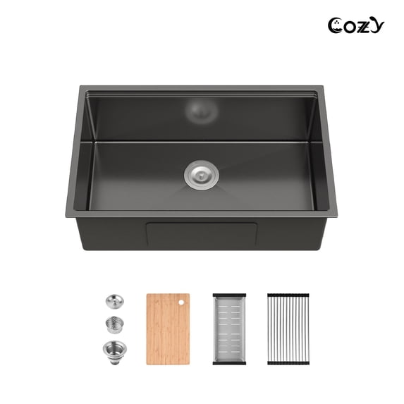 30″x19″ Stainless Steel Kitchen Sink, Single Bowl, Undermount Handmade Sink in Black, with Cutting Board, Colander, SS-BL07D-301908-2