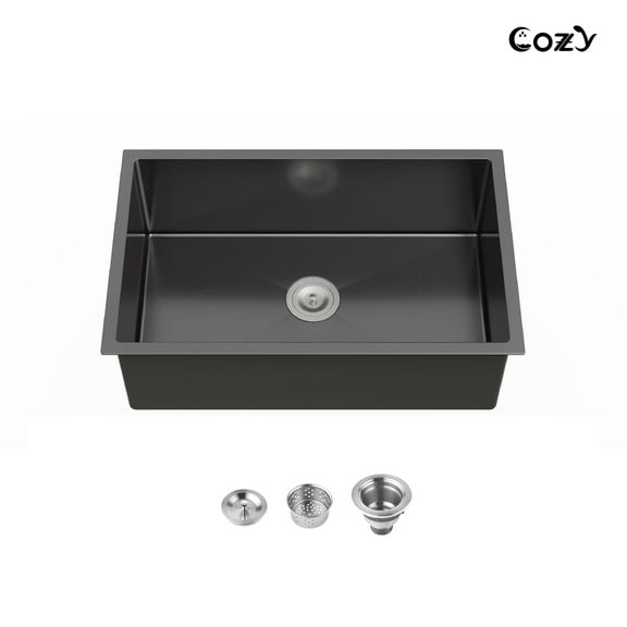 COZY 30″x19″ Stainless Steel Kitchen Sink, Single Bowl, Undermount Handmade Sink in Brushed Nickel, with US Standard Drain and Hook, SS-BL04D-301908
