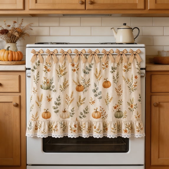 30"x22" Oven Skirt Curtain for Kitchen Decor,Girlish Charm Lace Trim & 8 Ribbon Ties,Rustic Decorative Oven Door Curtain for Cottage Kitchen Decor