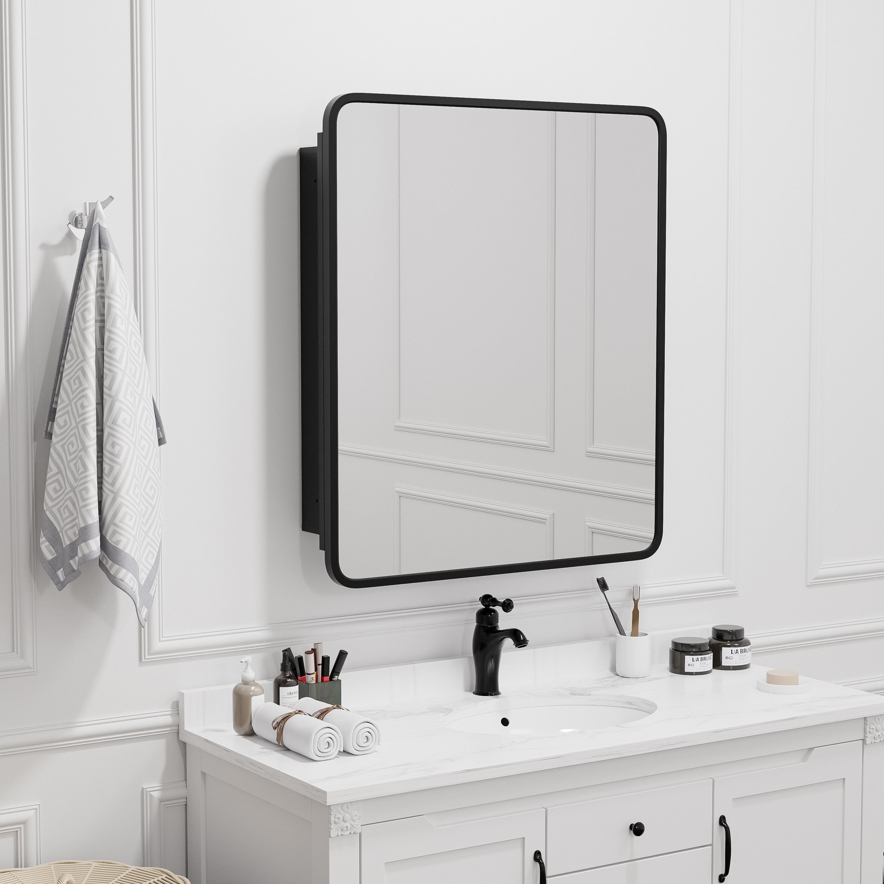 30"x24" Rectangle Recessed/Surface Mount Medicine Cabinet with Mirror,Black