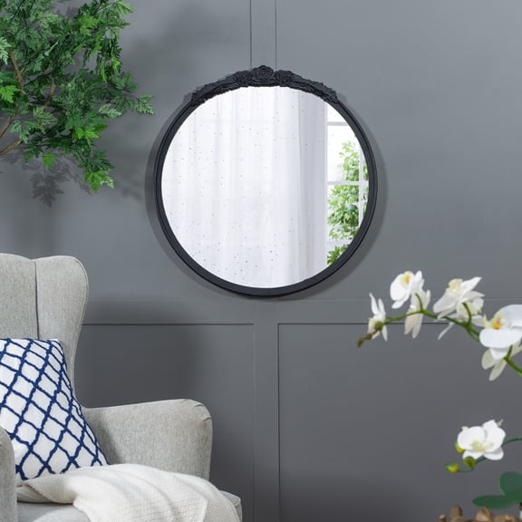 30"x30" Round Hand Carved Rose Antique Mirror Frame, Wall Mirror for Live space, Bathroom, Entryway Wall Dcor(Black)