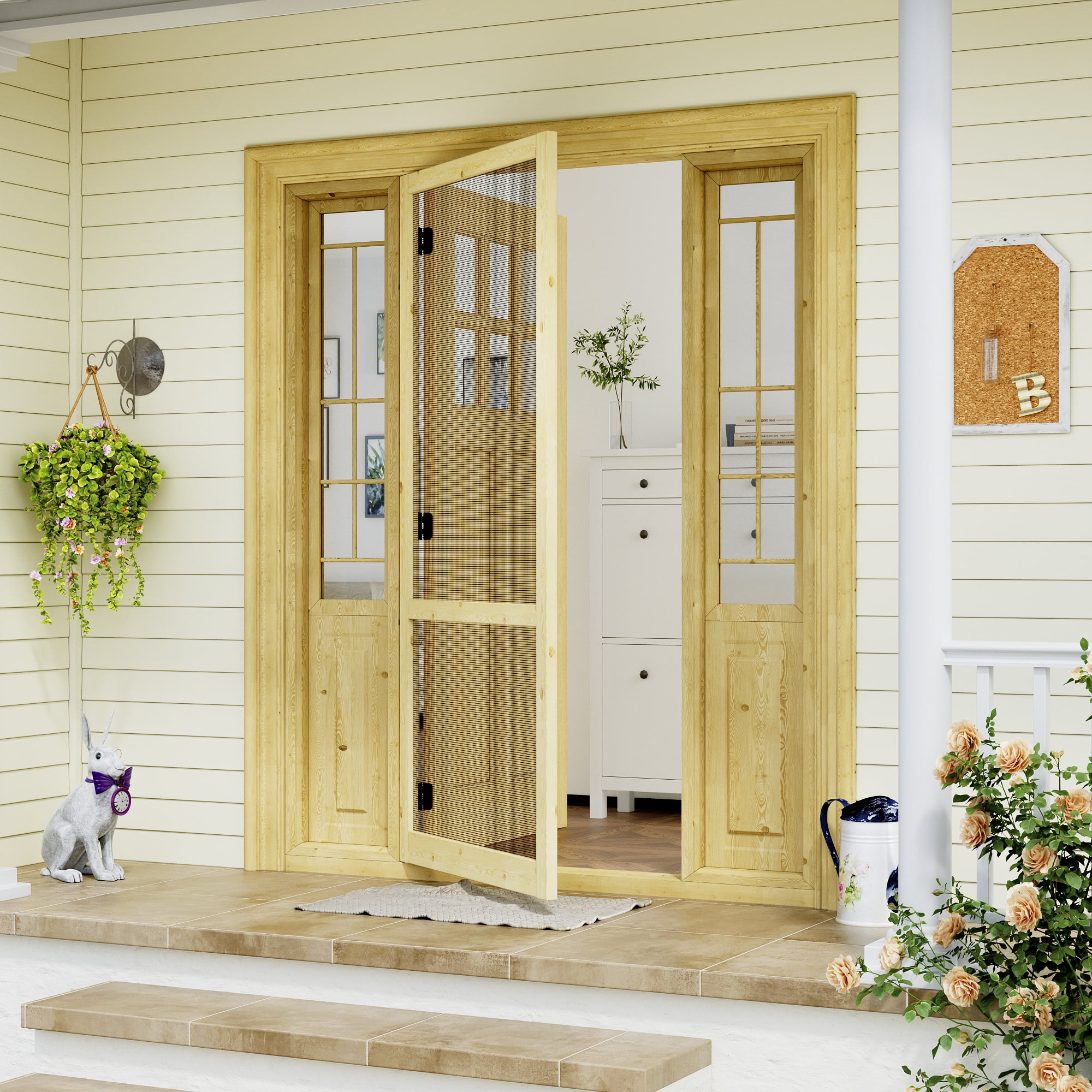 30"x80" 30 in. x 80 in. 2 Lite Universal Unfinished Pine Gauze Mesh Screen Door Slab Front Door Exterior Door
