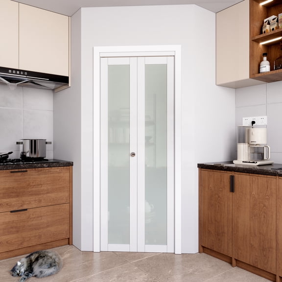 30"x80" Easy Install Glass Bi-Fold Door (Complete Hardware) - Frosted Design for Privacy & Natural Light, Space-Saving