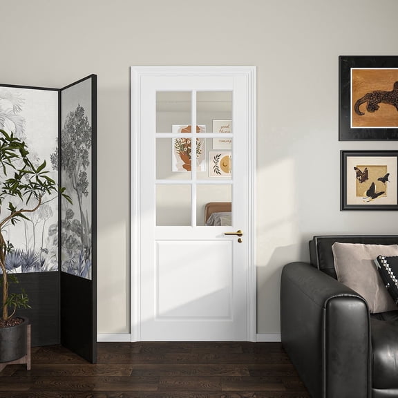 30"x80" French Interior Door Slab with 6-Lite Clear Tempered Glass, White Primed Kitchen Dining Room Sunroom Living Home Office Panel