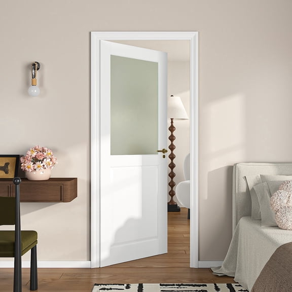 30"x80" 1-Panel 1-Lite Frosted Glass Interior Door Slab, for kitchen, Pantry, Laundry, Office , Closet, DIY Paintable Swing Shaker Sliding Pocket Barn w/o Hardware&Frame, White