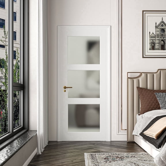 30"x80" 3-Lite Frosted Glass Interior Door Slab, French Panel Tempered Privacy for Pantry, Laundry, Office, Closet, DIY Paintable Swing Shaker Sliding Pocket Barn w/o Hardware&Frame, White