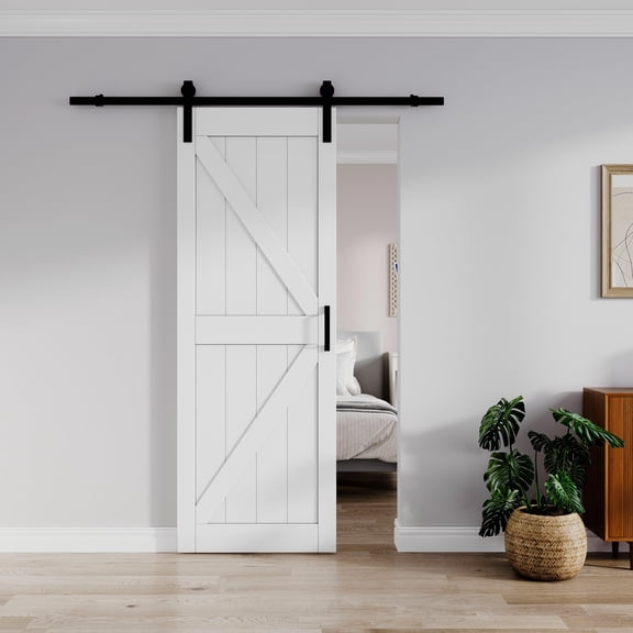 30''x84''Modern K Shape Primed Sliding Barn Door with Installation Hardware Kit (Double Door & Soft Close Optional)