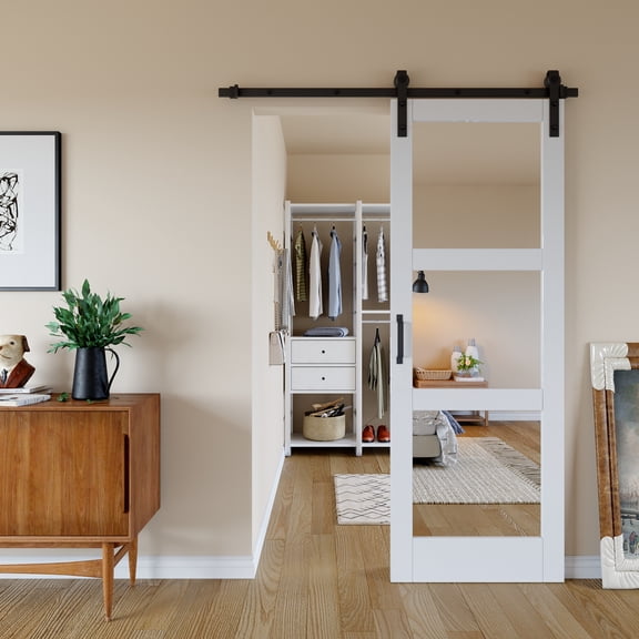 30"x84" Pre-drilled Design, 84''H 𝗗𝗼𝘂𝗯𝗹𝗲-𝘀𝗶𝗱𝗲𝗱 𝗠𝗶𝗿𝗿𝗼𝗿 Glass Manufactured Wood Sliding Barn Door with Hardware Kit