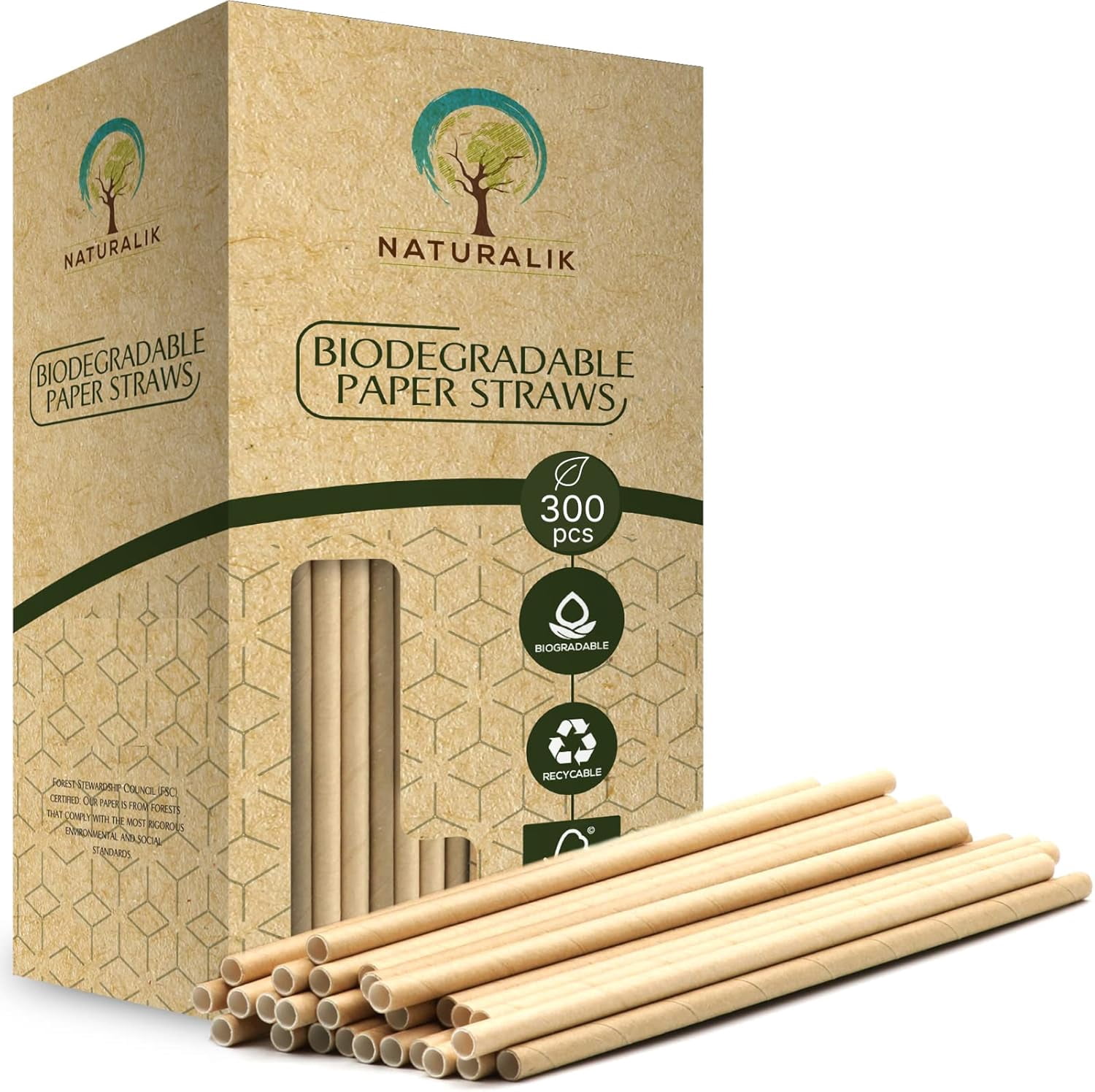 300/1000-pack super durable brown paper straws biodegradable - non-toxic premium paper straws bulk - for juice, restaurant, and party supplies, 7.7 inches (brown, 300-pack)
