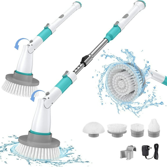 300/350RPM Electric Spin Scrubber, 1.5H Runtime Cordless Shower Scrubber, 25-47" Adjustable Arm, 4 Waterproof Brush Heads(Angle Adjustable), Power Shower Scrubber for Bathtub Tile Floor Grout Bathroom