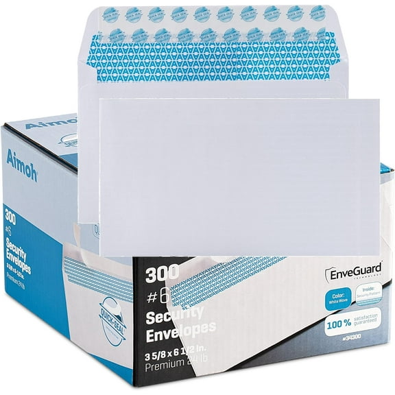 300#6 3/4 Security Tinted Self-Seal Envelopes - No Window, EnveGuard, Size 3-5/8 X 6-1/2 Inches - White - 24 LB - 300 Count (34300)