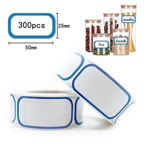 300 Blank Label Stickers Roll Self-Adhesive Writable Labels for Jars, Bottles, Kitchen Organization, Blue Border.