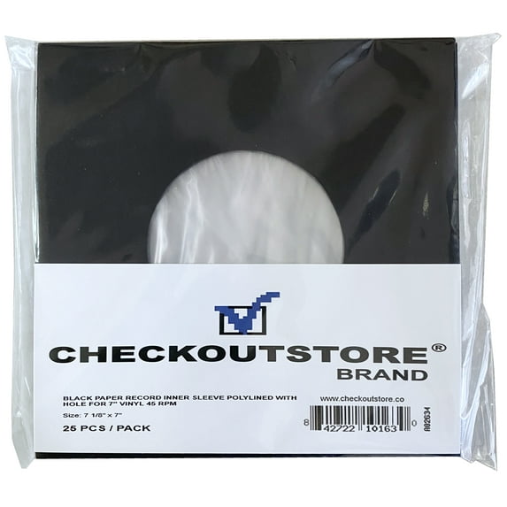300 CheckOutStore Black Paper Record Sleeves Polylined With Hole for 7" Vinyl 45 RPM Records (Inner Sleeves)