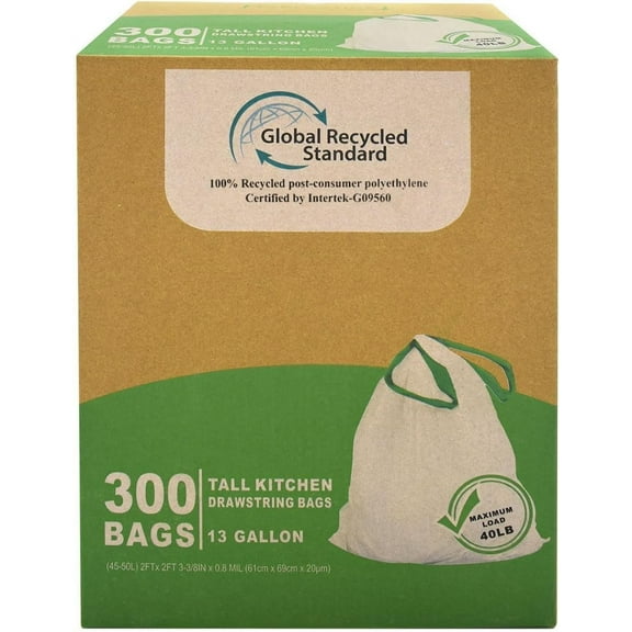 300 Count 13 Gallon Tall Kitchen Drawstring Trash Bags, GRS Compliant, Eco-Friendly Recycled Material
